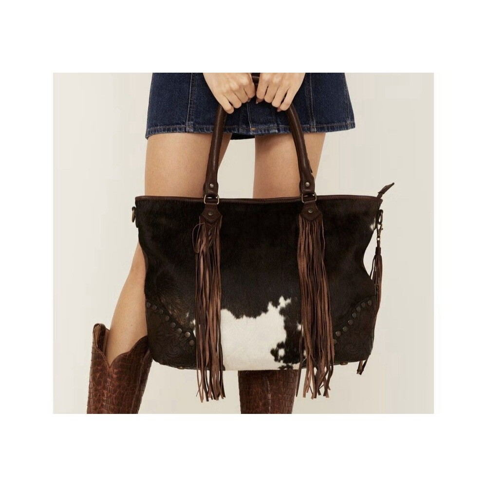 New Idyllwind Cow Are You Tote Bag Brown Leather Zipper Shoulder Strap Purse
